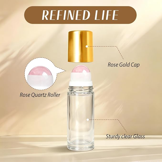 Cocurb 1oz Rose Quartz Roller Bottle for Essential Oils Perfume Skincare DIY,Refillable Leak-Proof Clear Glass Roll on Bottle Empty Deodorant Containers with Gold Cap&Storage Bag
