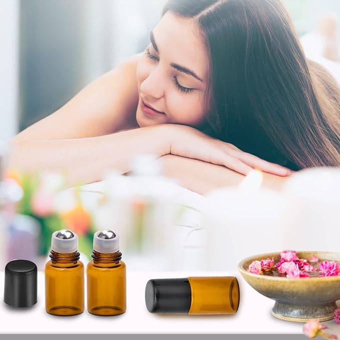 2ML Essential Oil Roller Bottles, 24 Pack Amber roller bottles for oils, Mini Glass Roll on Bottles with Stainless Steel Roller Balls&2 Droppers