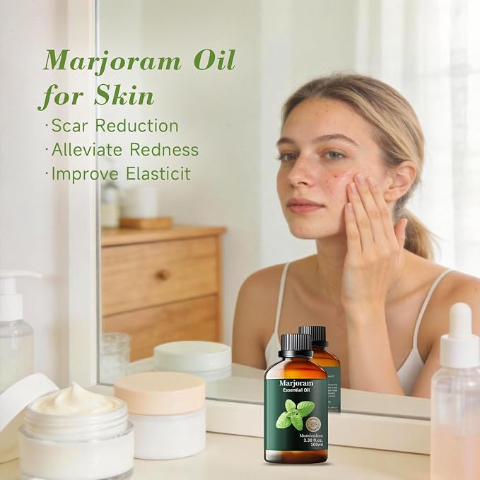 Marjoram Essential Oil, Pure Mumianhua Natural Herbaceous Oil for Bedroom Tranquility & Outdoor Protective Barrier, Aromatherapy for Evening Wind‑Down, Diffuser, Massage, Skin Care – 3.38 Fl Oz