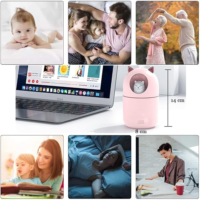 Portable Small Humidifier, YIMIKE 300ml Mini Cool Mist Humidifier with Night Light, USB Personal Humidifier Auto Shut-Off, Ultra-Quiet, 2 Spray Modes, Suitable for Home Office Travel (Pink)