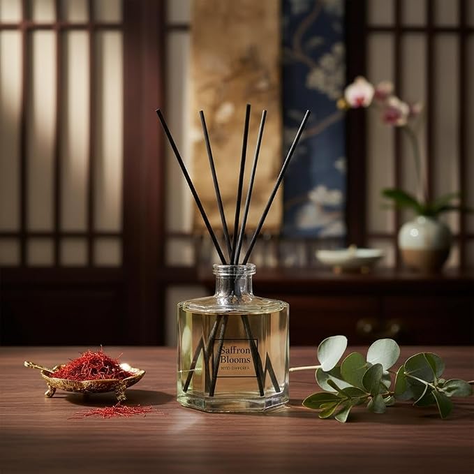 Bellevue Diffuser, 6 fl oz Glass Filled Diffuser, Highly Concentrated Fragrances with Essential Oils, Home Fragrance, Scent:Saffron Blooms