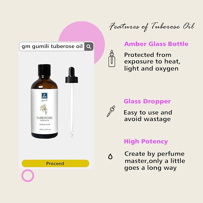 GM Gumili Tuberose Essential Oil, Home Fragrance Oil, Candle Scents Soy Wax Candle Making, Freshie Scents Oils for Soap, Dryer Balls, Diffusers, Laundry, Slime -3.38 oz /100ml