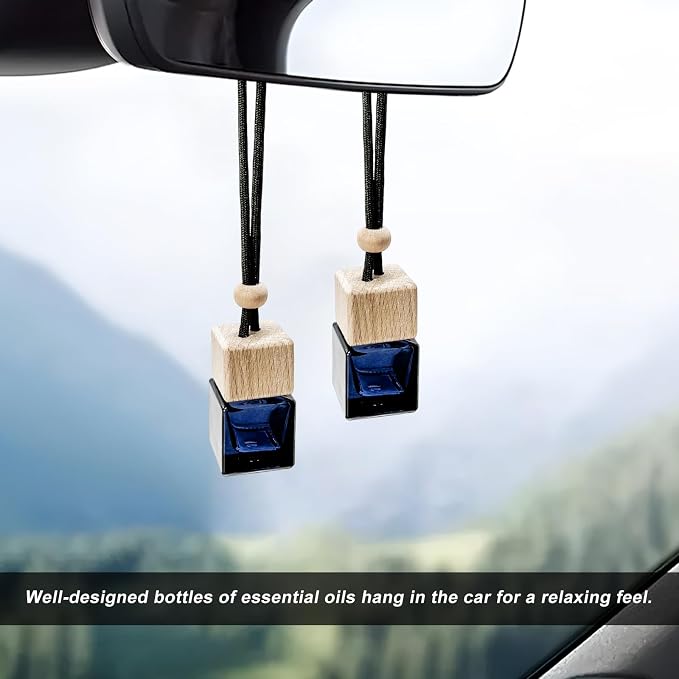 10PCS Hanging Car Air Freshener Bottle, Empty Glass Car Diffuser Cube Bottle Pendant with Wooden Cap, Refillable Essential Oil Bottles Hanging Ornament for Auto Home Office