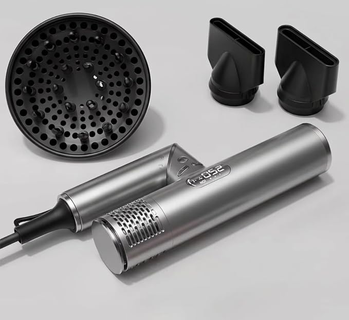 Dual Voltage Travel Hair Dryer with Magnetic Diffuser - 1600W High-Speed 500M lonic Blow Dryer for Women, Automatic Dual Voltage 110V-240V, Lightweight, Foldable, Heat Control, (Grey)