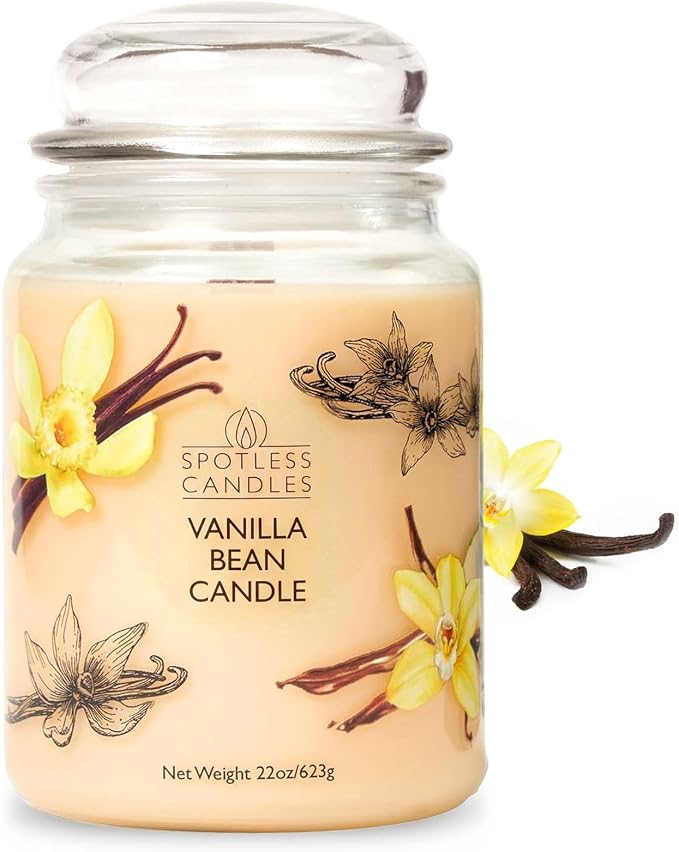 Vanilla Bean Candle 22oz: Upto 130 Hours Burn Time, Crackling Wooden Wick in Large Candle Jar with a Luxury Gift Box & Protective Shipper, Scented Candle by Spotless Candles