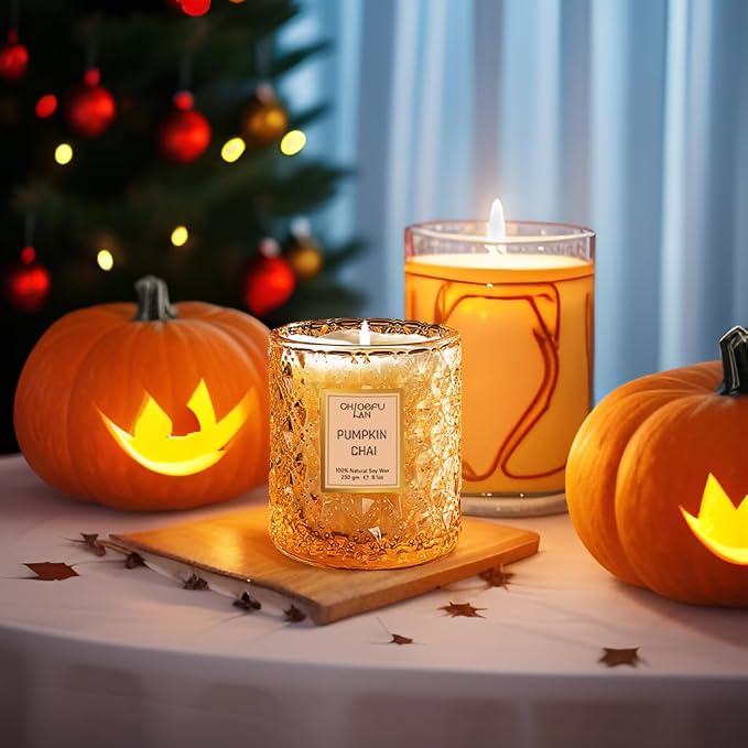 Pumpkin Chai Candles Halloween Candle Gift, Farmhouse Candles for Home, Luxury Scented Soy Jar Fall Candle with up to 55 Hour Long Lasting, Home Decor, Barn Fall Decor Pottery, 8.1oz