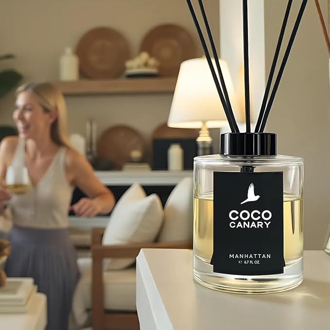 Coco Canary Reed Diffuser Set, 6.7 fl oz Home Fragrance - Manhattan - Long-Lasting Masculine Scent, Whiskey Cocktail Notes, Urban Sophistication
