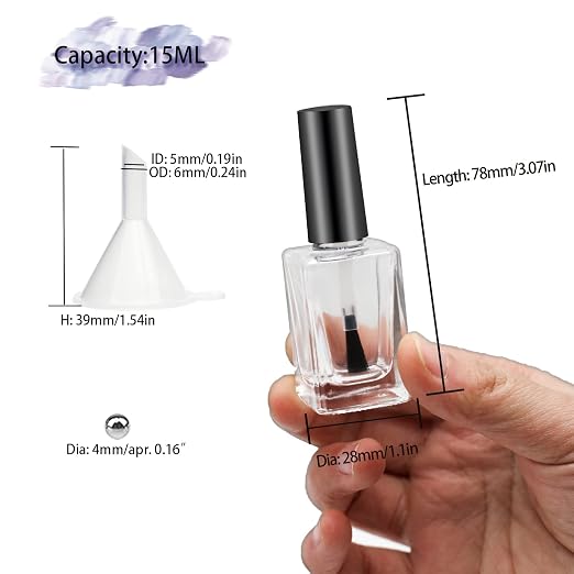 6PCS Empty Nail Polish Bottles with Funnel, Empty Fingernail Polish Bottles Glass Rectangle with Brush & Mixing Balls Black (15ML)