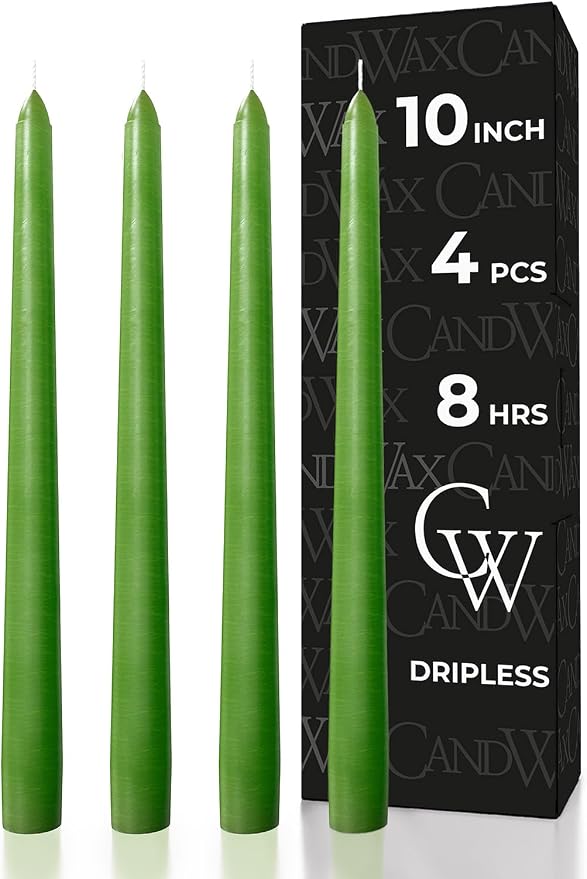 CANDWAX 10 inch Taper Candles - Set of 4 - Dripless, Unscented and Smokeless - Green Tapered Candle Sticks - Perfect for Dinner - Grass Green Candles