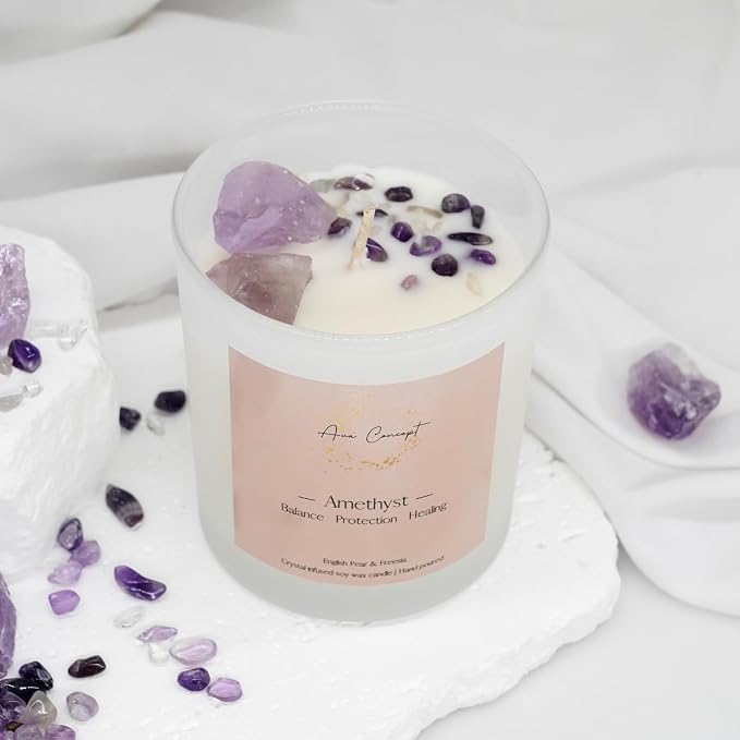 AvaConcept Amethyst Crystal Candle – 10oz / 280g | English Pear & Freesia Aromatherapy | Hand-Poured Soy Wax | Genuine Healing Crystals Embedded | Balance, Protection & Healing | Gift Box Included