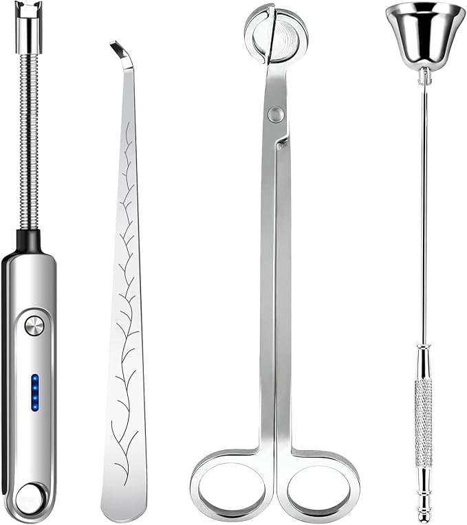 4 in 1 Candle Accessory Set, Electric Lighter, Wick Cutter, Snuffer and Dipper, Steel Wick Trimmer Set - Silver