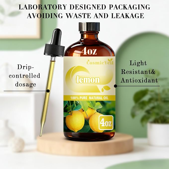 Lemon Essential Oil Lemon Oil for Aroma Diffuser,Humidifier,Home Fragrance,Cleaning,Body Care,Massage,Yoga,DIY Candle,DIY Soap CosmicVeil（Lemon，4 Fl Oz (Pack of 1)）