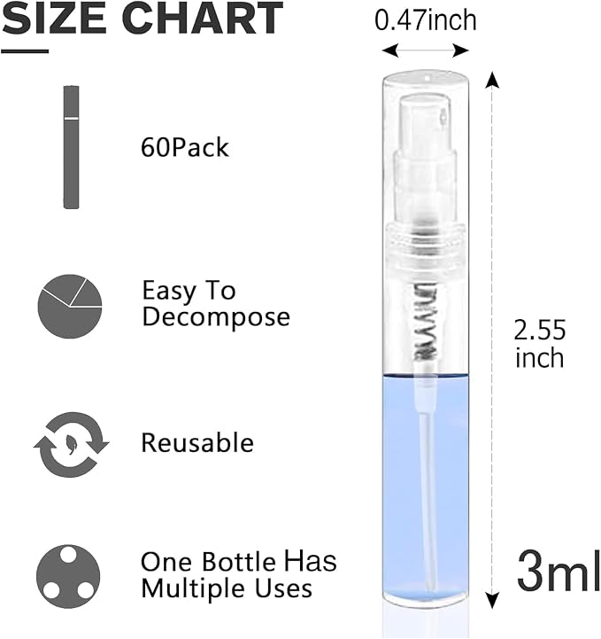 Mini Spray Bottle, Clear Plastic Empty Sample Containers, Fine Mist Perfume Travel Refillable Spray Bottle Perfume Atomizer Small Portable Bottle for Cleaning, Travel, Essential Oils(60, 3ml)