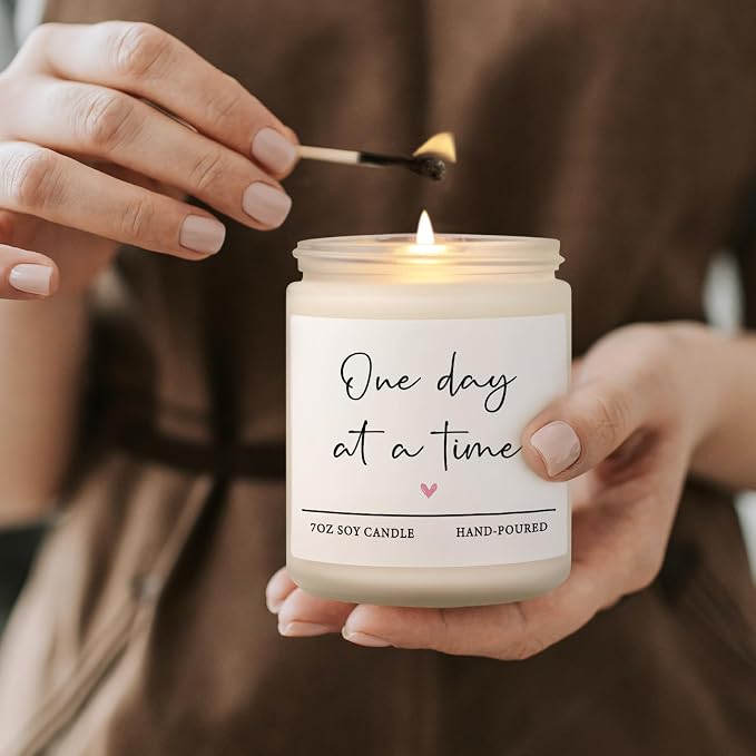 Shqiueos Get Well Gifts for Women Men, Thinking of You Gift-One Day at A Time Lavender Scented Candle 7oz, Inspirational Breast Cancer Care Present, Encouragement Sympathy Bereavement Christmas Gift