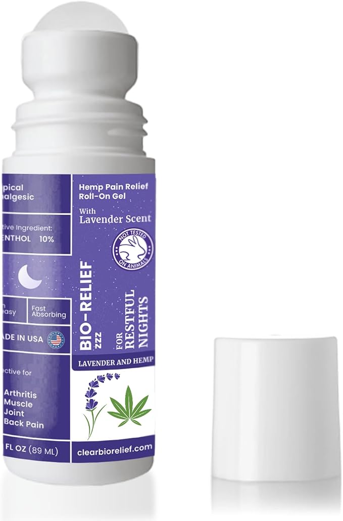 BioRelief Nighttime Maximum Strength Hemp Pain Relief Roll-On Gel w/Soothing Lavender Scent – Overnight Cooling Menthol for Muscle & Joints – No-Mess, Fast-Absorbing Topical Pain Relief