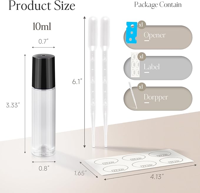 10ml Essential Oil Roller Bottles, 6 Pack Clear Thick Glass Bottles with Stainless Steel Roller Balls and 2 Droppers