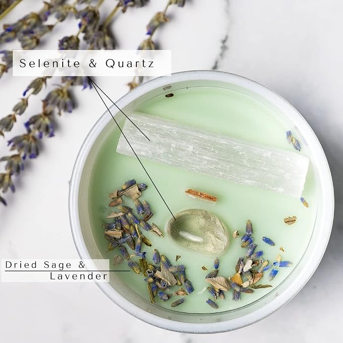 Sage Candles for Cleansing – White Sage Smudge Wood Wick Candles that Crackle with Selenite Crystal & Quartz for Home Rituals & Manifestation
