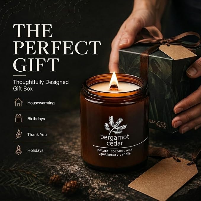 Hemlock Park Bergamot Cedar Apothecary Scented Candle | Crackling Wood Wick, Botanical Fragrance & Coconut Apricot Wax | Up to 60 Hour Burn Time | 8 oz | Made in USA
