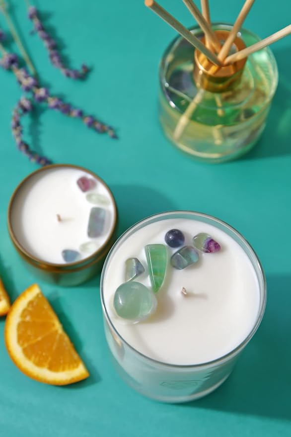 Luxury Glass Jar Candle, 14.5 OZ, Focus - Fluorite Crystal Infused - Scents of Orange, Ginger, Ylang-ylang, & Lavender - Awareness, Mental Order, & Clarity - Coconut Wax Blend