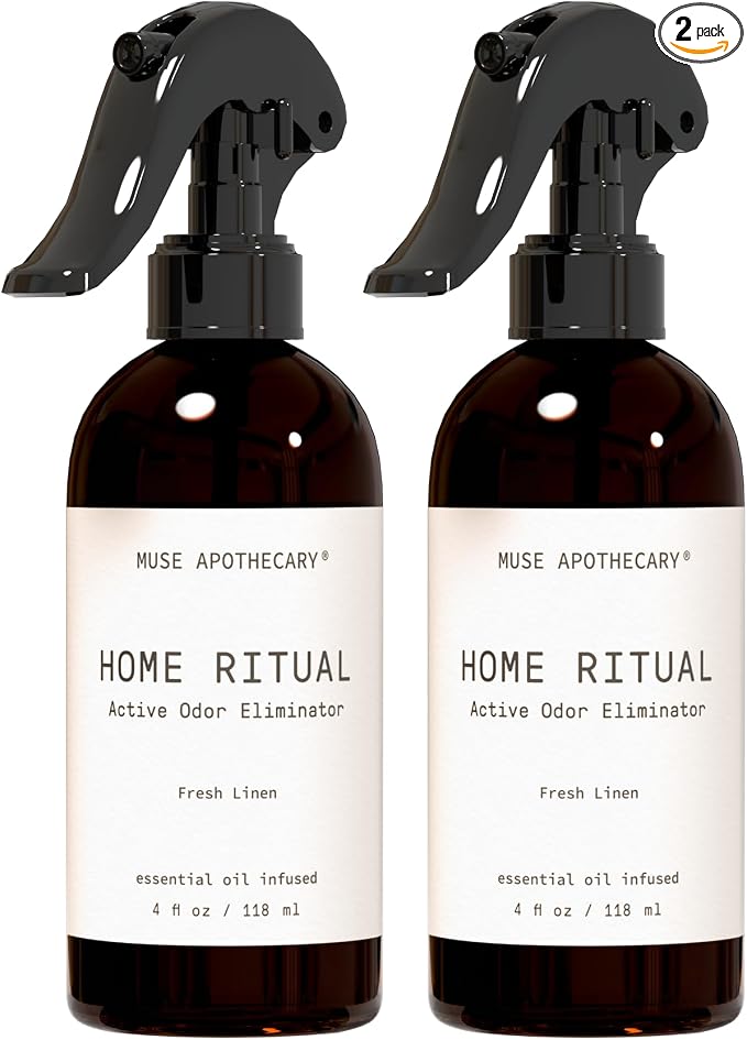 Muse Apothecary Home Ritual Active Odor Eliminator Spray - Furniture Deodorizer Spray & Bathroom Odor Eliminator for Home - Essential Oil Air Freshener - 4oz, Fresh Linen