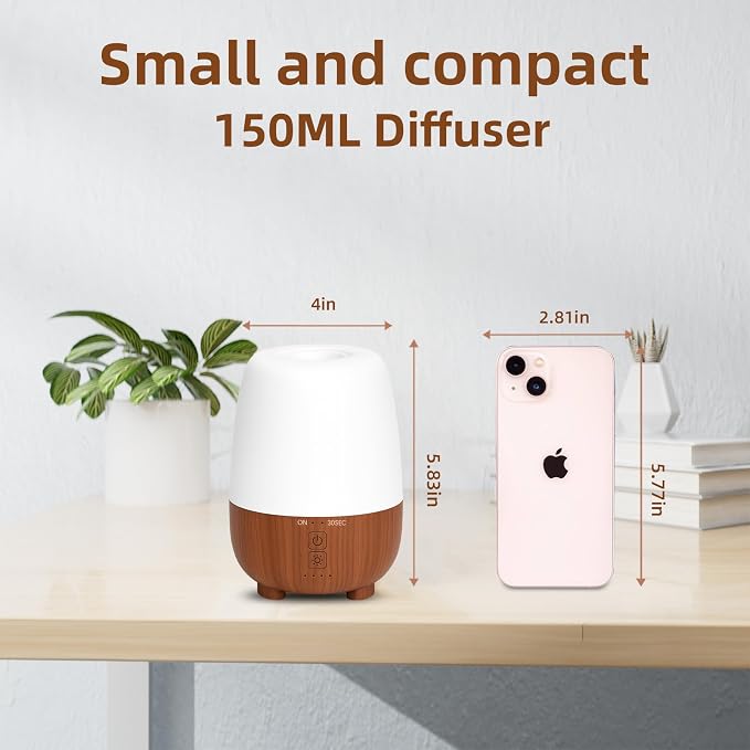 SEEDSEEL 150ML Rechargeable Battery Essential Oil Diffuser, Portable Cordless Aromatherapy Diffuser with 7-Hour Runtime, 7 LED Color Changing Lights for Bathroom,Bedroom, Office, Outdoor