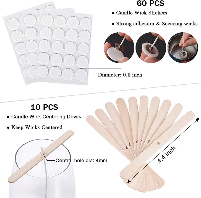 Bulk 6-Inch Candle Wicks - 100 Pcs with Wick Stickers & Centering Device for Soy/Beeswax Candle Making