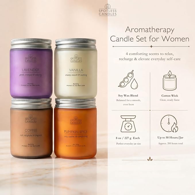 Classic Candle Gift Set; 4 x 8oz Scented Candles in Frosted Glass Jars; Coffee, Vanilla, Lavender, Pumpkin Spice; 200 Hours Burn Time; Gifts Set for Women; Premium Gift Box by Spotless Candles