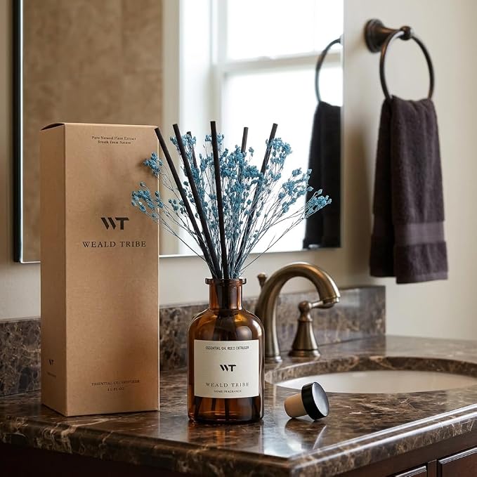 WEALD TRIBE Flower Reed Diffuser Set Cashmere Vanilla Scent for Bathroom Air Fresheners | 4.0 fl oz Essential Oils with Sticks Home Fragrance Defusers | House Bedroom Office Shelf Decor & Gift