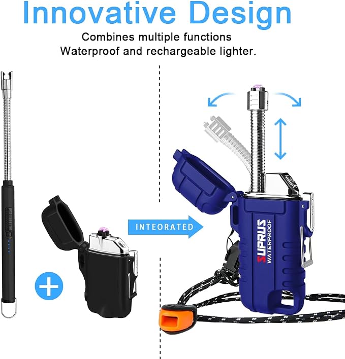 SUPRUS Waterproof Lighter Windproof Lighter Arc Plasma Lighters USB-C Rechargeable with Expandable and Flexible Neck for Outdoor, Camping & Kitchen (Blue, 2Packs)