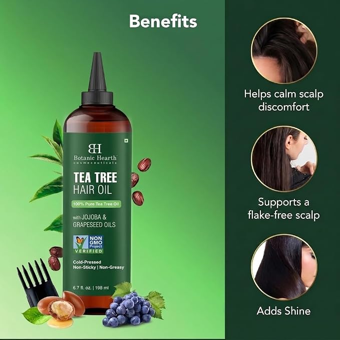 Botanic Hearth 100% Pure Tea Tree Scalp Oil for Hair Growth, Dandruff & Itchy Scalp Relief 6.7 Fl Oz | Infused with Coconut Oil | Repairs Dry Damaged Hair & Strengthens Hair | All Hair Types