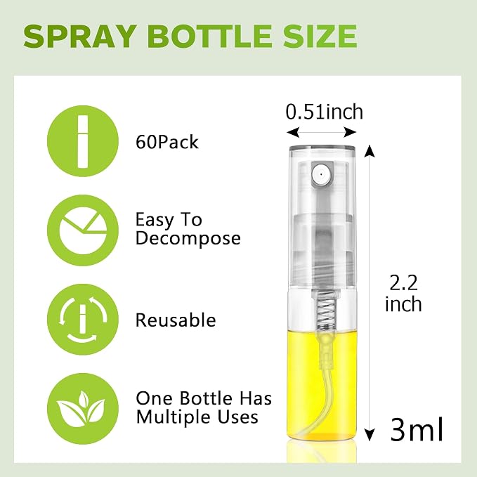 Mini Spray Bottle 3ml, Refillable Glass Spray Bottle, Glass Bottle Atomizer, Perfume Mouthwash Atomizer for Cleaning Refillable Container for Travel, Essential Oils, Perfume 60 Pcs, 3ml