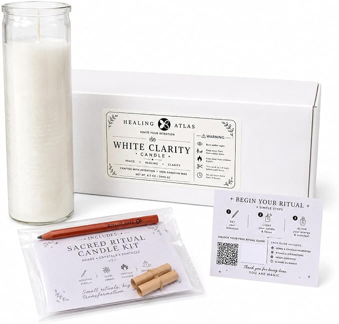 White Clarity Manifestation Candle Kit – 8" Ritual Prayer Candle with Intention Scrolls, Pencil & QR Guide for Clarity, Focus, Spiritual Growth & Mindfulness