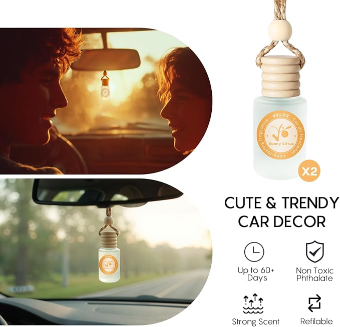 Sunny Citrus Car Air Freshener Diffuser, 8ml Hanging Essential Oil Car Freshener with Adjustable Rearview Mirror Rope, Subtle Citrus Scent, Cute Car Accessory