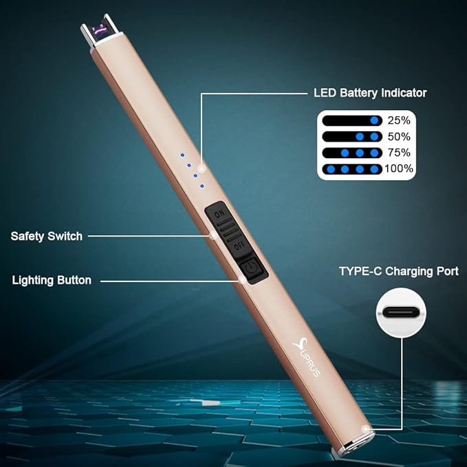 SUPRUS Electric Lighter Arc Windproof Flameless USB Rechargeable Lighter with Safety Lock for Candle BBQ Camping (Champagne Gold)