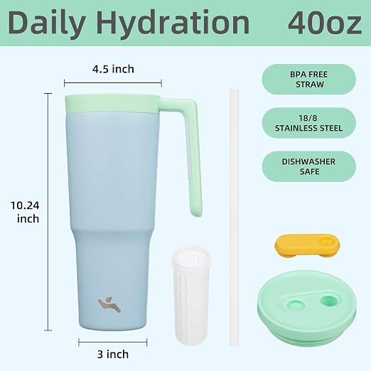 Konokyo Insulated Tumbler with Handle and Straw,40 OZ Vacuum Stainless Steel Water Bottle Travel Mug Metal Cup with Fruit Diffuser,Light Blue