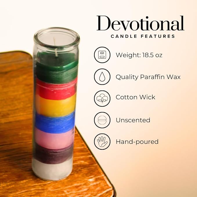 Simply Soson 1 piece Unscented 7 Color Glass Prayer Devotional Candle, Hand Poured Wax Candles - 2 Inch x 8 Inch, Great for Sanctuary, Vigils, Casting Chimes, Rituals, Spells, Wiccan & More