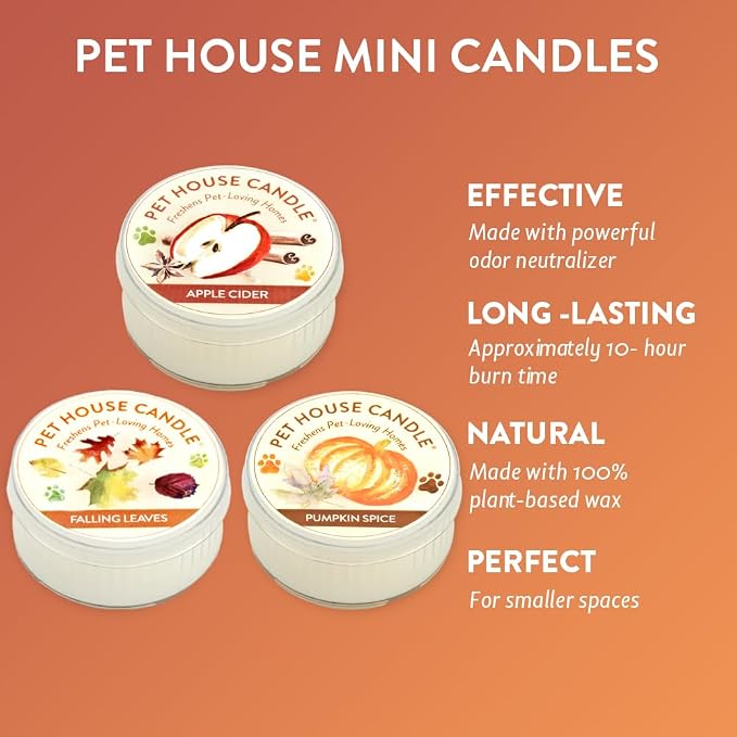 Pet House Mini Candles for Pet Odor Made with Natural Soy Wax, Plant Based, Dog and Cat Friendly Scented Candles, Fall Mix Variety Pack of 3