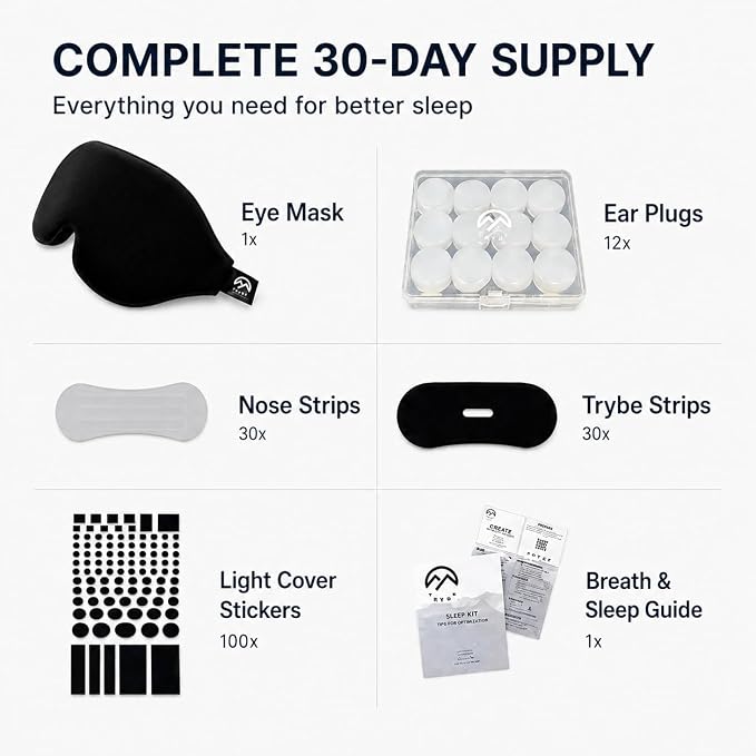 Trybe Sleep Kit, Sleep Mask, Ear Plugs, Nose Strips, and Light Covers for Travel. Sleep kit Bag and Breath and Sleep Guide for Travel, Hotels, Camping or Home (Sleep Kit) (Sleep Kit)