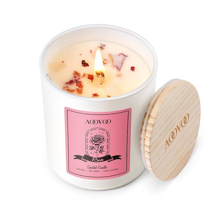AOOVOO Rose Scented Candles for Women - Aromatherapy Candle with Crystals Inside, 7oz Soy Candles for Home Scented, Mothers Day Birthday Gifts Mothers Day Candle for Women Mom