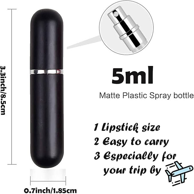 Travel Refillable Perfume Atomisers, 5ML, 3 Pcs Mini Portable Spray Bottles, Round Tube Set With 1 Flat Separated Tool, for Home Business Trip (Black+Blue+Champagne)(4pcs)