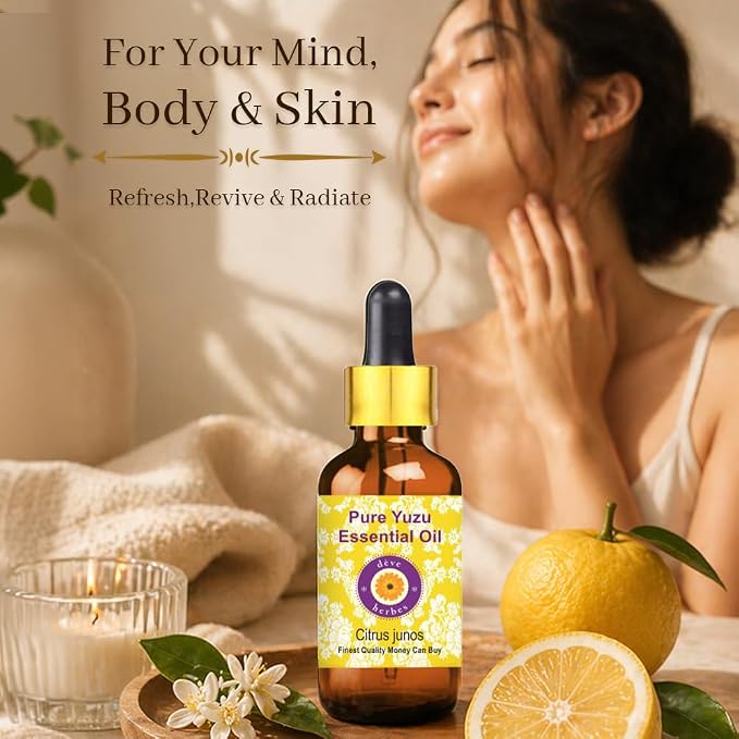 Deve Herbes Pure Yuzu Essential Oil (Citrus Junos) with Glass Dropper |Non-Sticky | Non-Greasy | Lightweight | Men & Women | All Skin Types | Steam Distilled 10ml (0.33 oz)