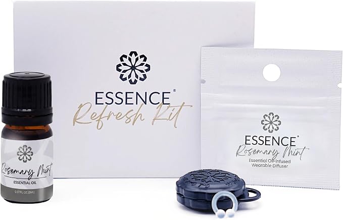 Essence Refresh Kit | Solid Scents Essential Oils | Aromatherapy Nasal Diffuser | Personal Scent Clip for Travel, Work & Everyday Use | Made in USA | Rosemary Mint | Black Pod