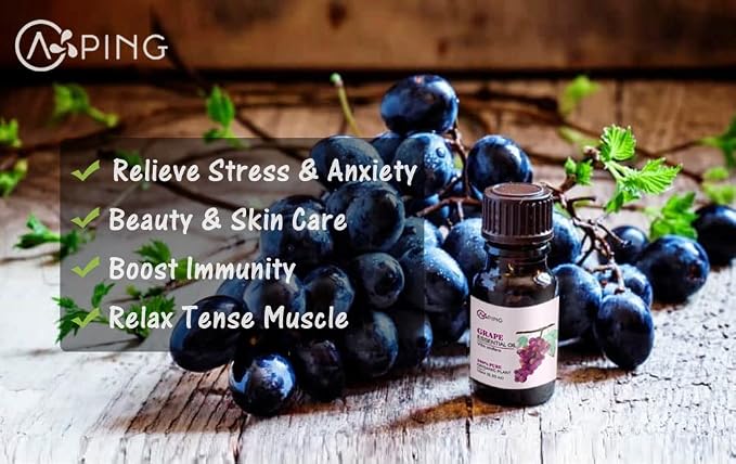 Grape Essential Oil - 100% Pure Organic Natural Plant (Vitis vinifera) Grape Oil for Diffuser, Aroma, Spa, Massage, Yoga, Perfume, 0.33oz