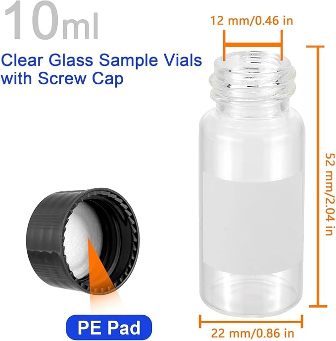 Kesell 10ml Glass Vial with Lid, 10-Pack Clear | Borosilicate Glass, White Marking Area, Empty Sample Container, for Perfume, Essential Oil, Cosmetic, Travel Liquid Samples