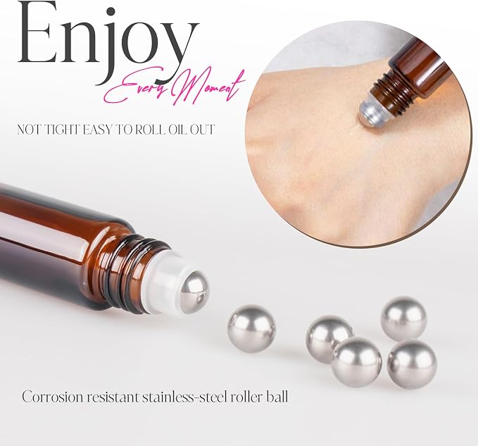 10ml Roller Bottles for Essential Oils, 24 Pack Glass Roll on Bottles, Refillable Perfume Bottle, with Stainless Steel Roller Balls, 2 Droppers, 1 Opener, Labels(Amber)