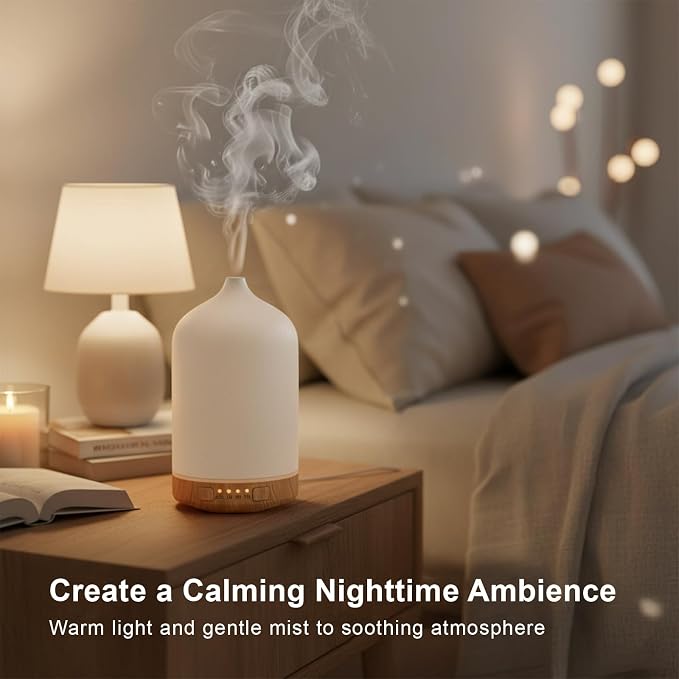 Ceramic Essential Oil Diffuser, 250ml Aromatherapy Humidifier & 7 Color-Changing Night Light with Auto Shut-Off, 1H/3H/5H Timer Ultrasonic Cool Mist Quiet Operation for Home, Office, Yoga