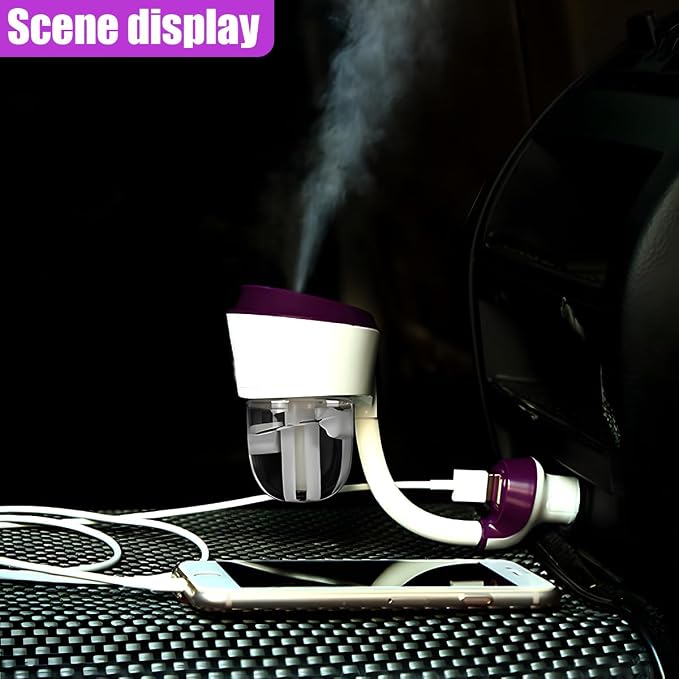 Car Humidifier, Portable Mini Aromatherapy Essential Oil Diffuser, 360-Degree Rotation Cool Mist Humidifier, Vehicle Air Freshener Diffuser with 12V Charging Port for Home Office (Purple)