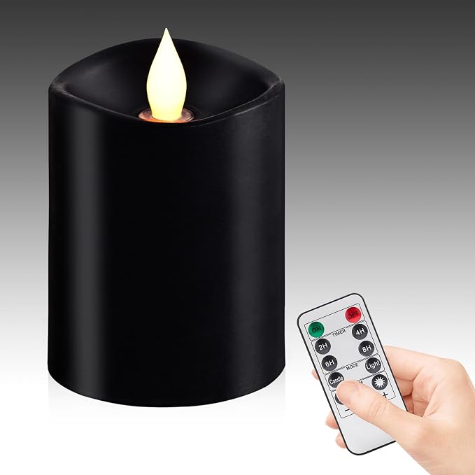 Black Flameless LED Candles - 3" x 4" Real Wax, Battery Operated with Remote Timer, 3D Flickering, Lasts 600+ Hours, Halloween & Christmas Deco (Black, 3"*4"-1pcs)