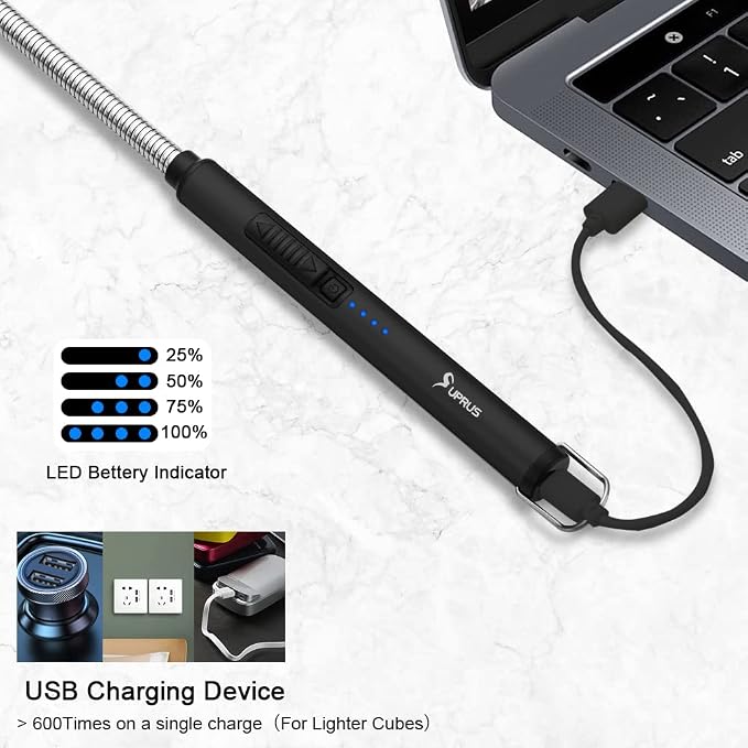 SUPRUS Electric Candle Lighter USB Type C Rechargeable Lighter Steel Shell & Hanging Hook with 360° Flexible Neck(Black, 3)