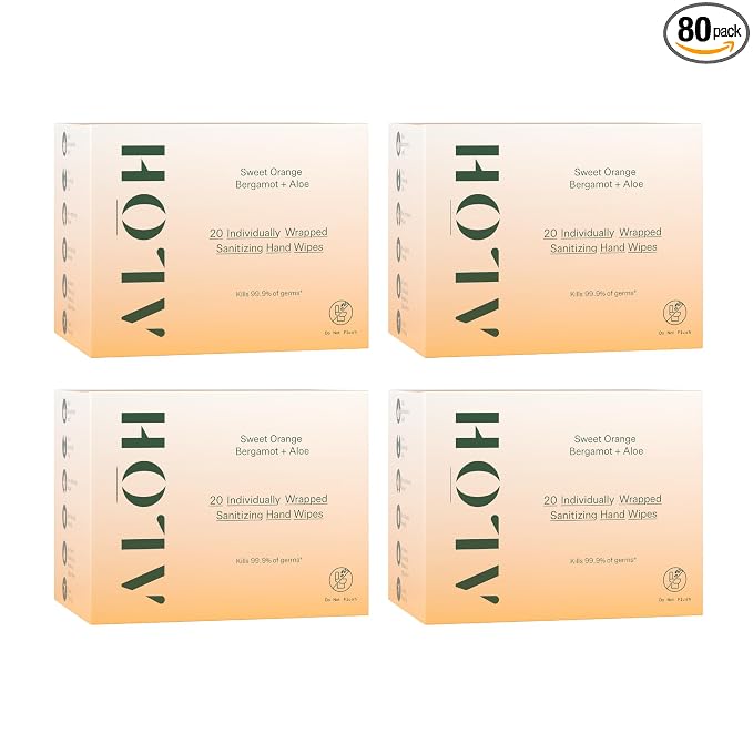 ALŌH Skin - Softening Sanitizing Hand Wipes – Sweet Orange Bergamot - 4 Boxes of 20 Individually Wrapped Wipes (80 wipes)